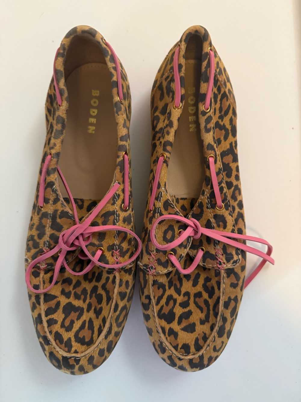 Boden Leopard-Print Boat Shoes with Pink Laces